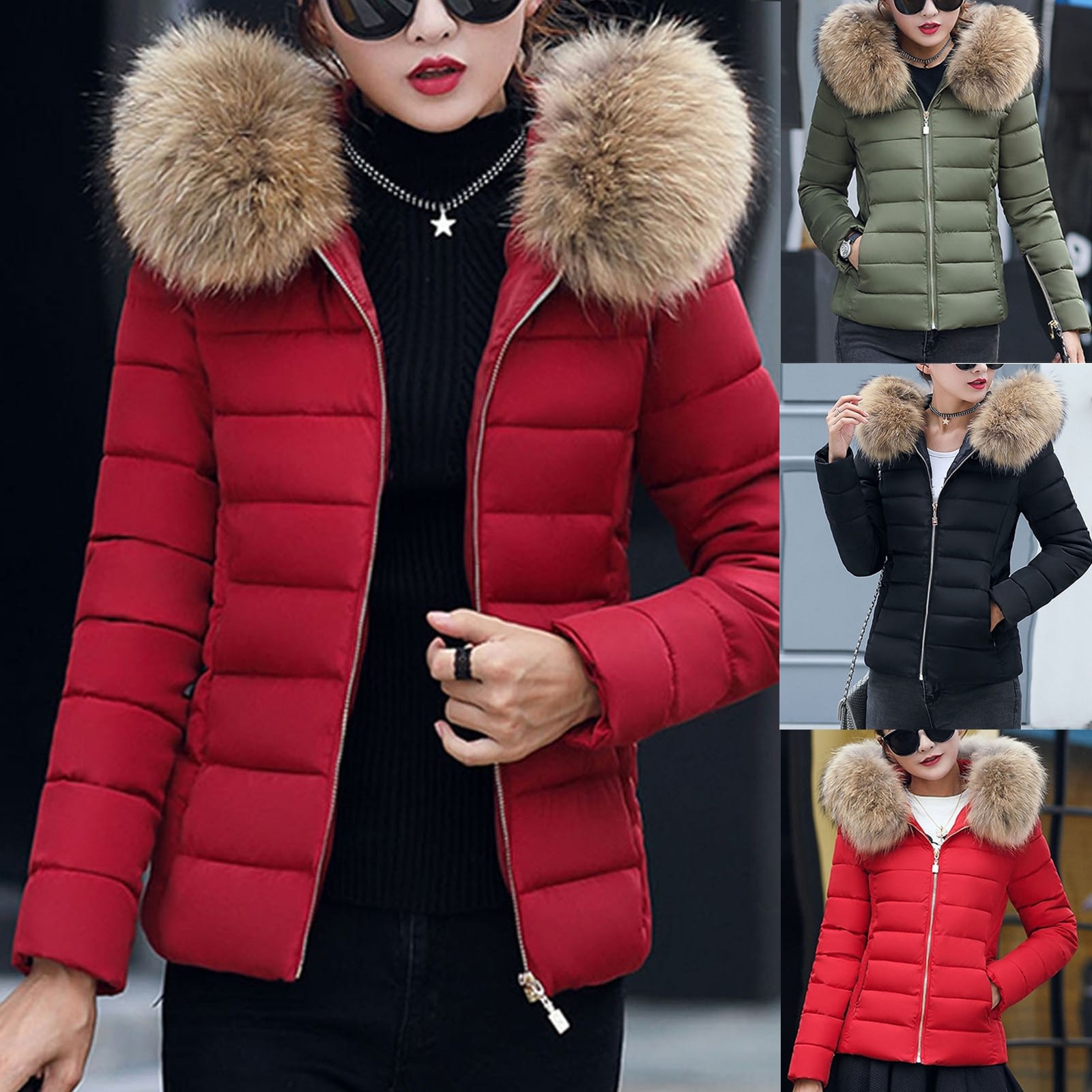 Outwear Women Hooded Coat Windproof Faux Fur Parka Jacket  Winter Warm 
